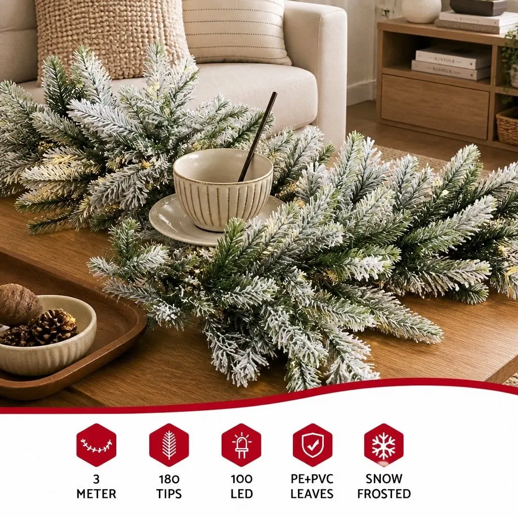 Christmas Garland Pre-lit Warm White LED 3 Metre Green PE PVC Indoor Outdoor