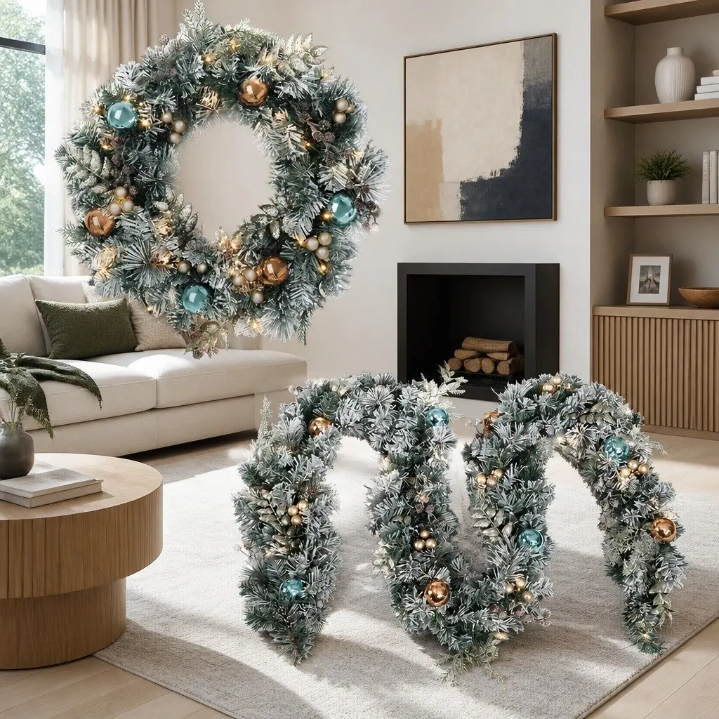 Christmas Garland and Wreath Set Snow Frosted 2.7m Green and White with LED Lights