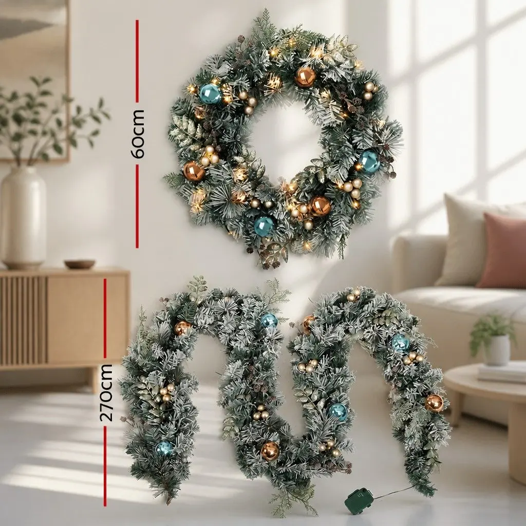 Christmas Garland and Wreath Set Snow Frosted 2.7m Green and White with LED Lights