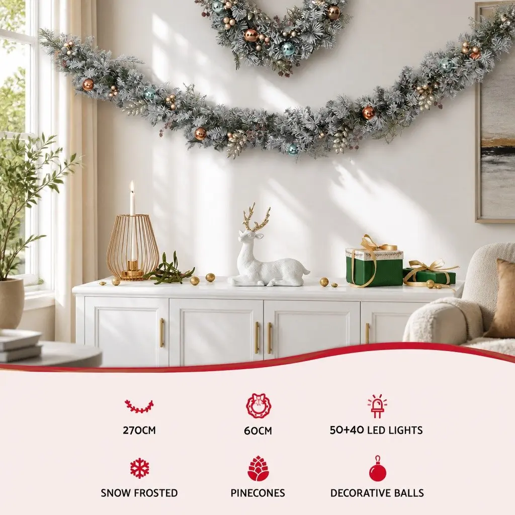 Christmas Garland and Wreath Set Snow Frosted 2.7m Green and White with LED Lights