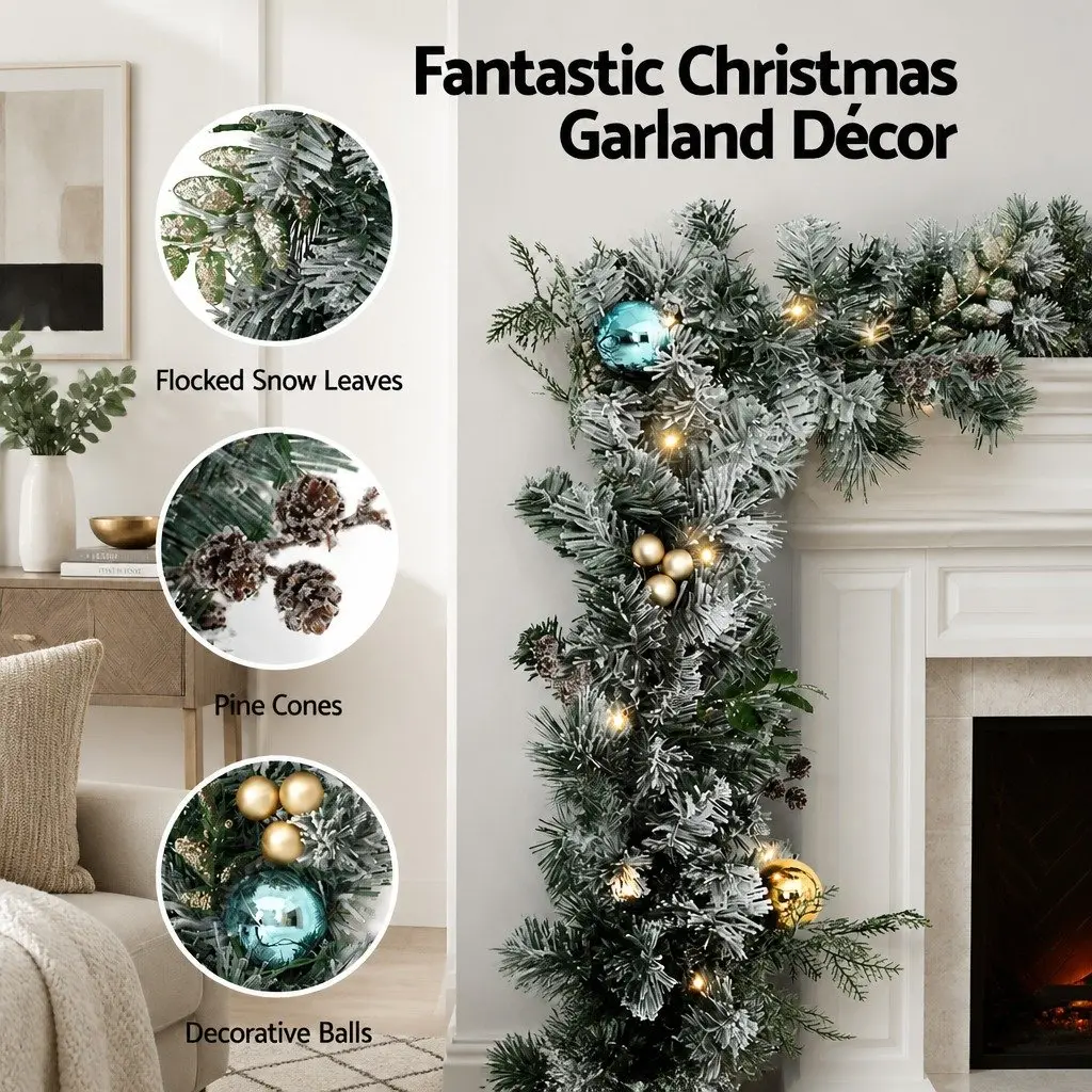 Christmas Garland and Wreath Set Snow Frosted 2.7m Green and White with LED Lights
