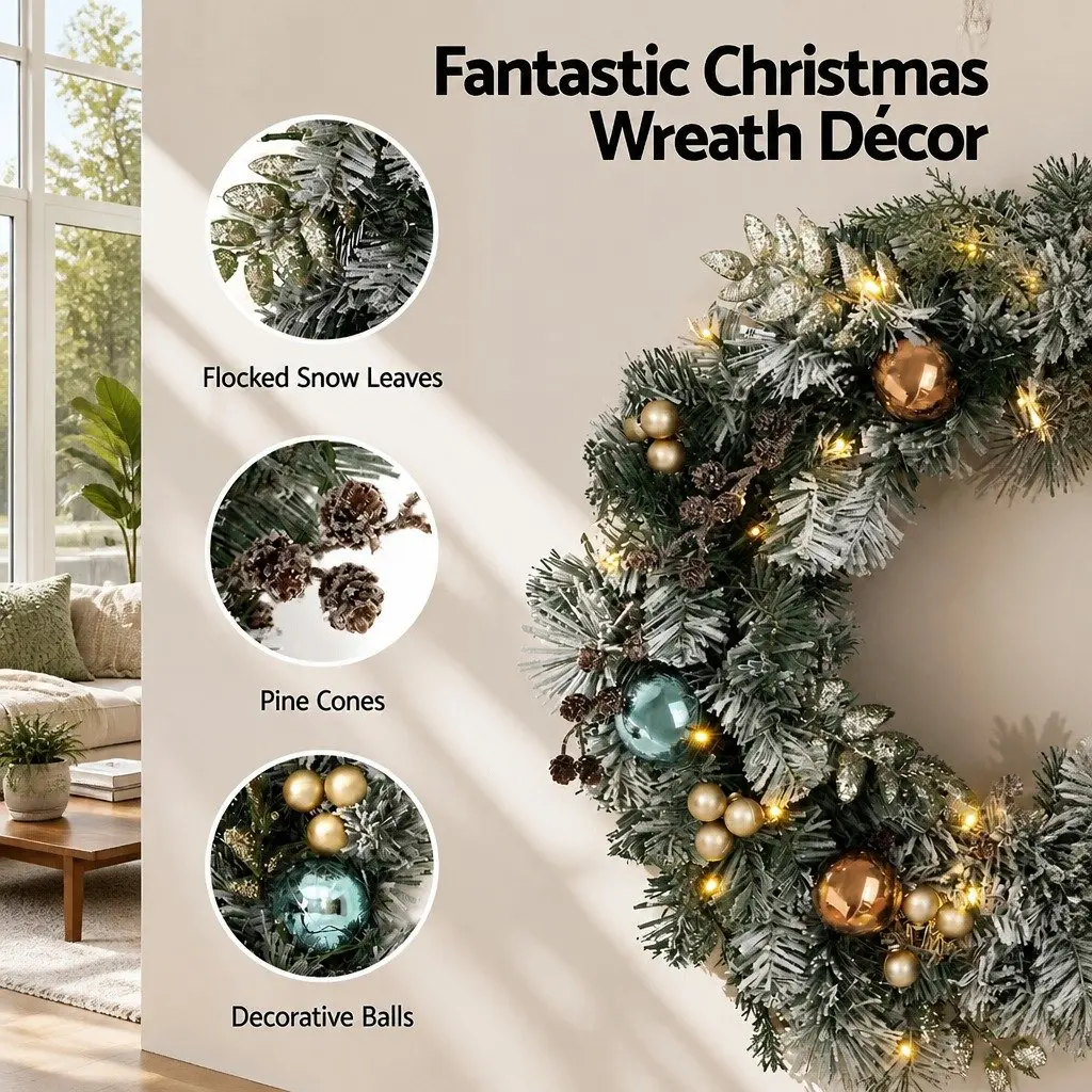 Christmas Garland and Wreath Set Snow Frosted 2.7m Green and White with LED Lights