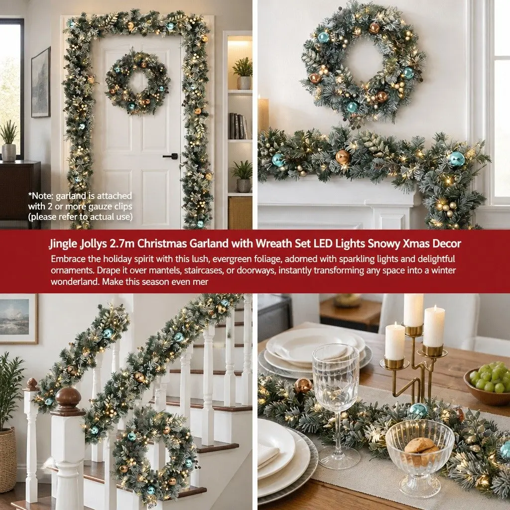 Christmas Garland and Wreath Set Snow Frosted 2.7m Green and White with LED Lights