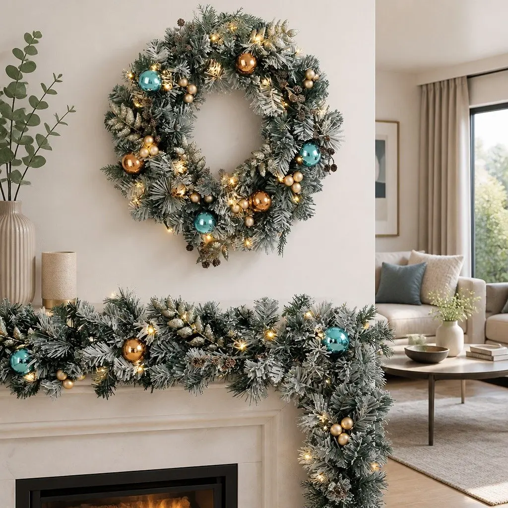 Christmas Garland and Wreath Set Snow Frosted 2.7m Green and White with LED Lights