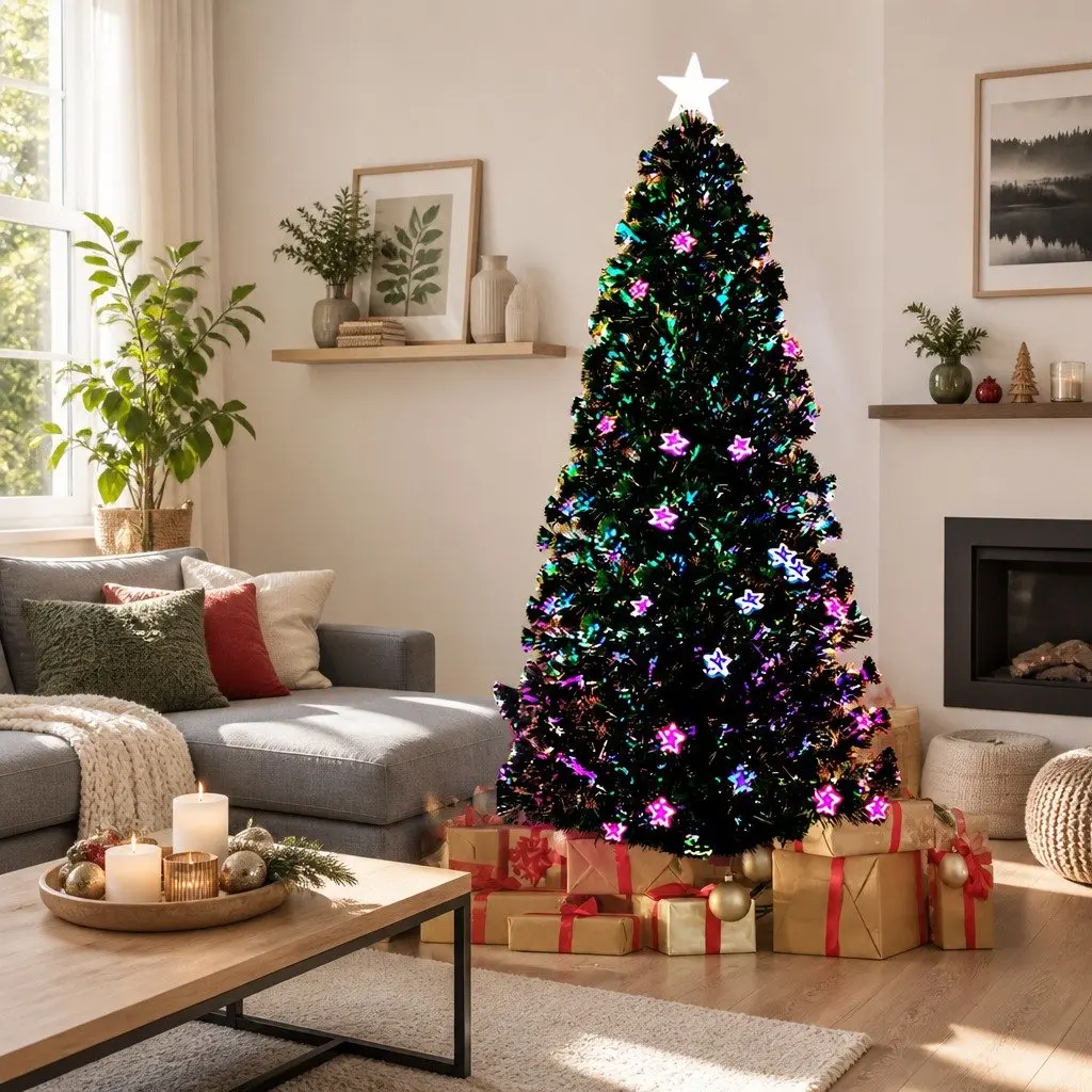 Optic Fibre LED Christmas Tree 1.8m 6FT Green Pre-Lit Multi Colour