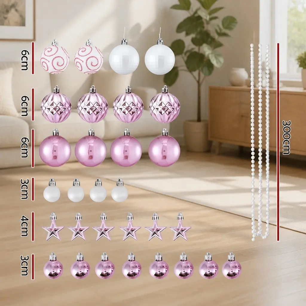 Christmas Tree Decorations 33 Piece Baubles Ornaments Stars Garland Shatterproof Pink White