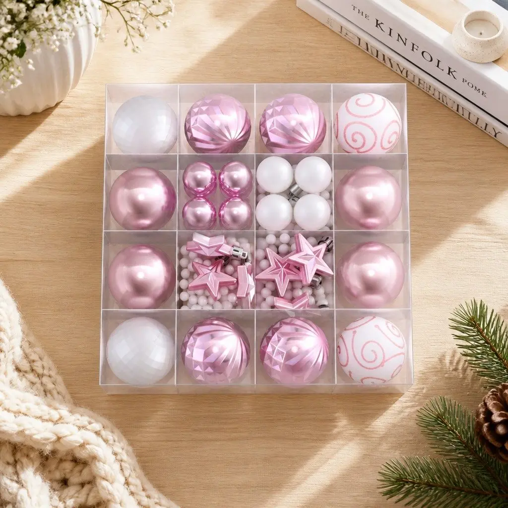 Christmas Tree Decorations 33 Piece Baubles Ornaments Stars Garland Shatterproof Pink White