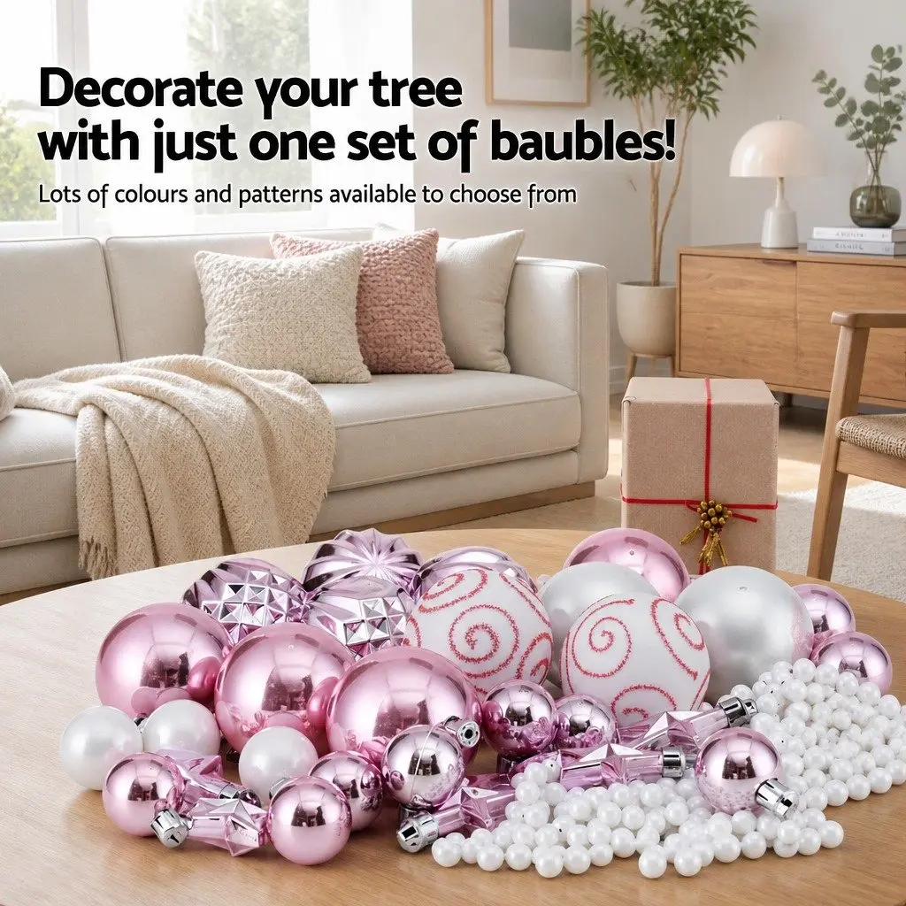 Christmas Tree Decorations 33 Piece Baubles Ornaments Stars Garland Shatterproof Pink White