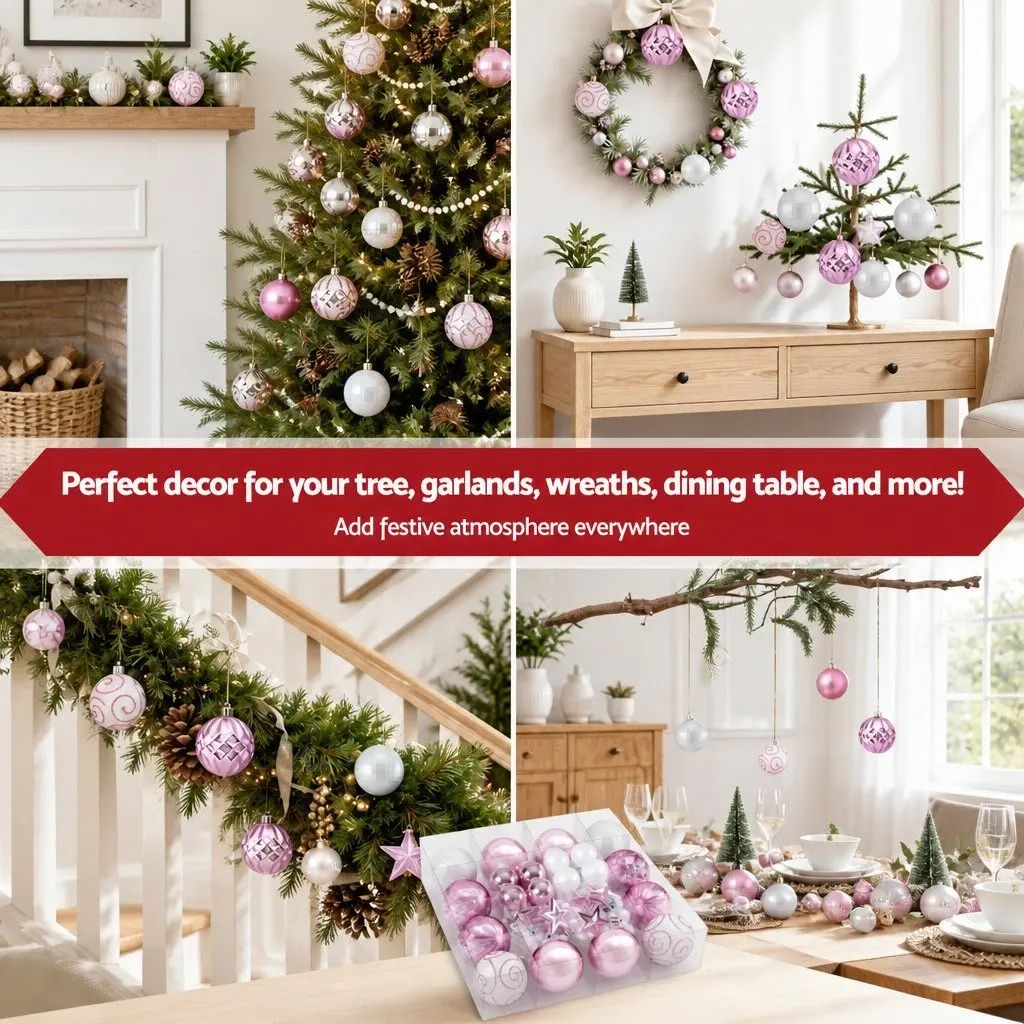 Christmas Tree Decorations 33 Piece Baubles Ornaments Stars Garland Shatterproof Pink White