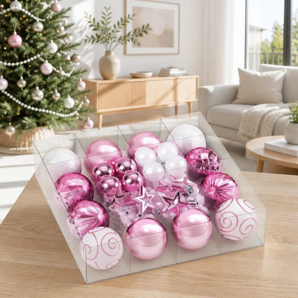 Christmas Tree Decorations 33 Piece Baubles Ornaments Stars Garland Shatterproof Pink White