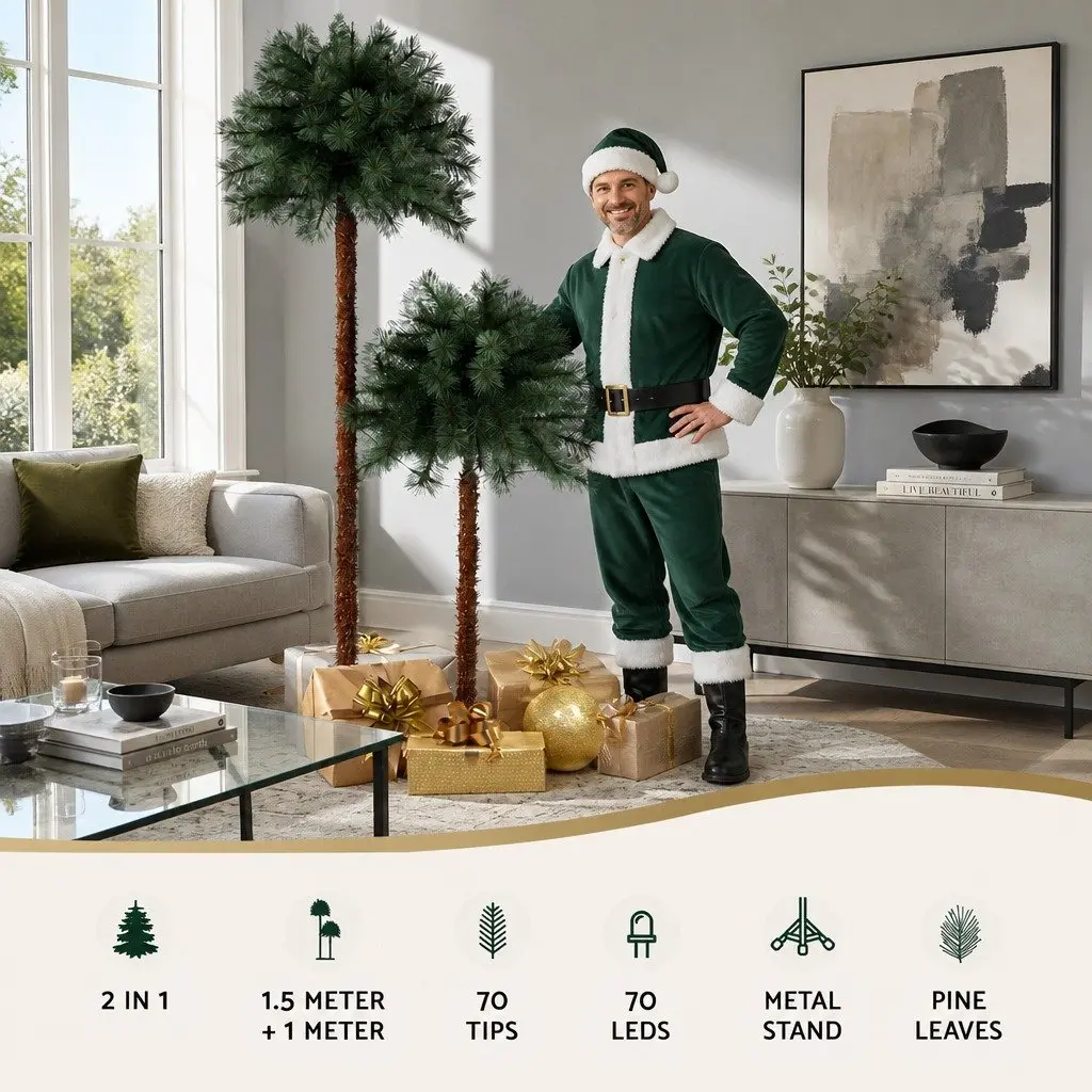 Christmas Palm Tree Set 1.5m 1m LED Warm Light Green Pine Needle Indoor Outdoor Decorations