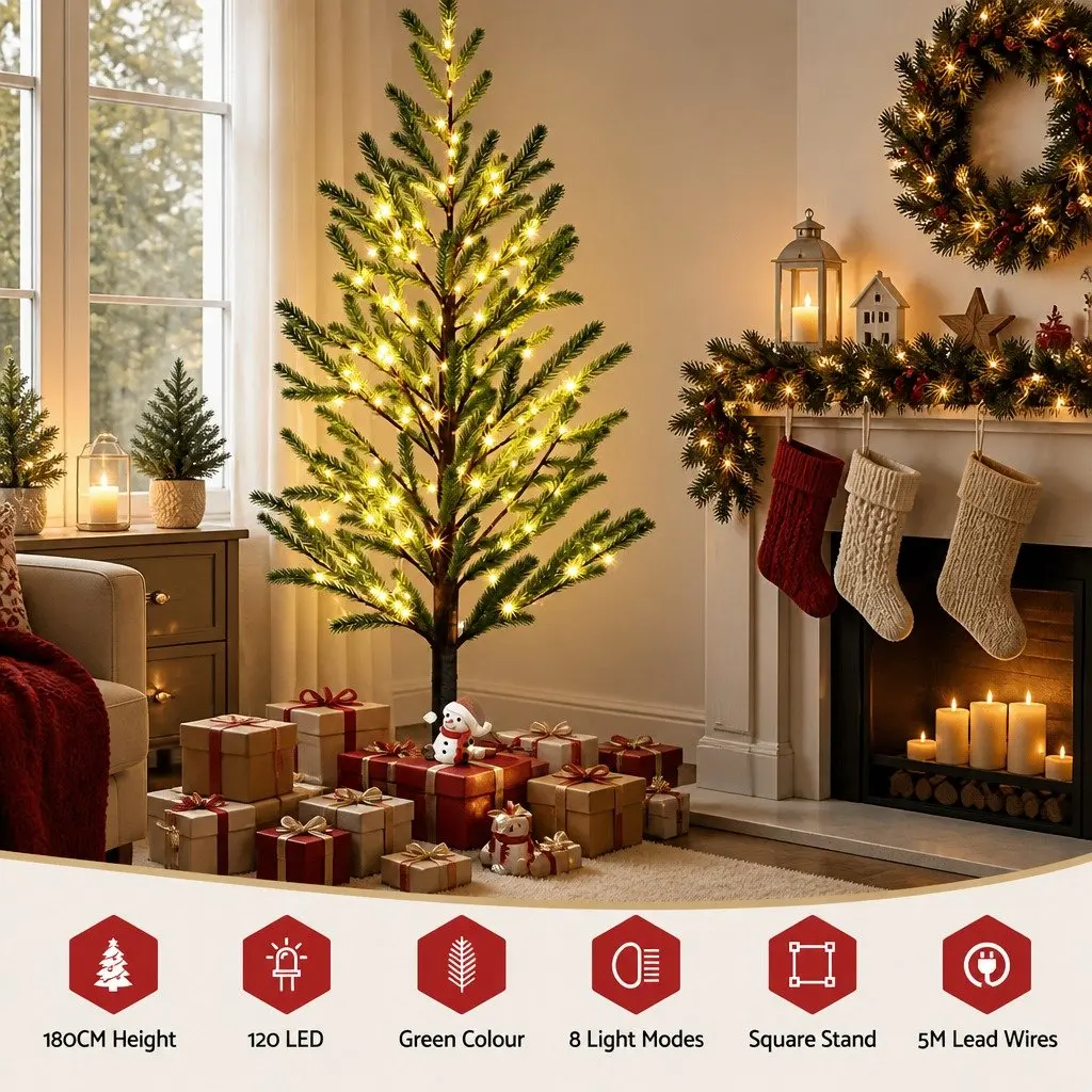 Pre-lit Christmas Tree 1.8M Green Artificial with Warm White LED Lights 8 Light Modes