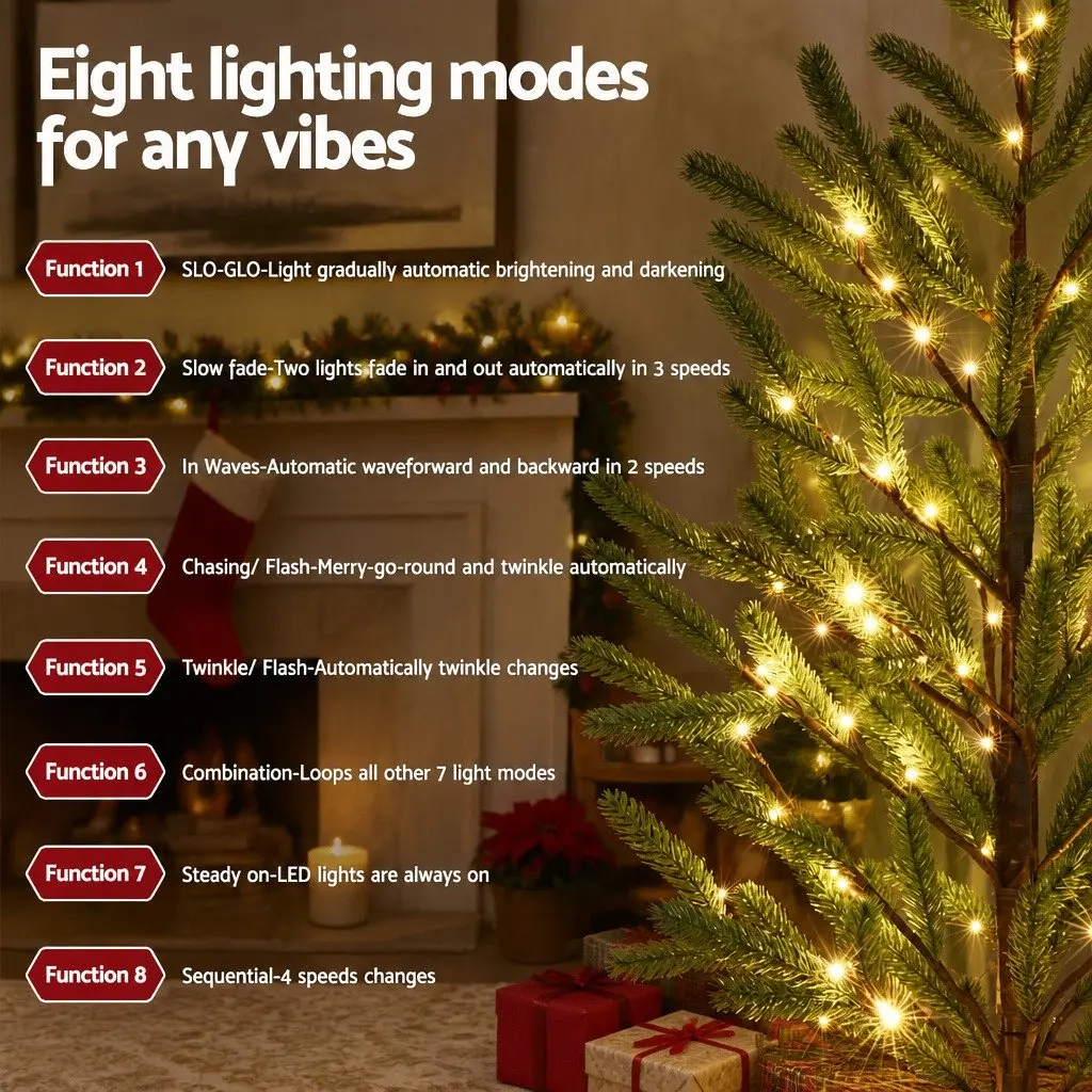 Pre-lit Christmas Tree 1.8M Green Artificial with Warm White LED Lights 8 Light Modes