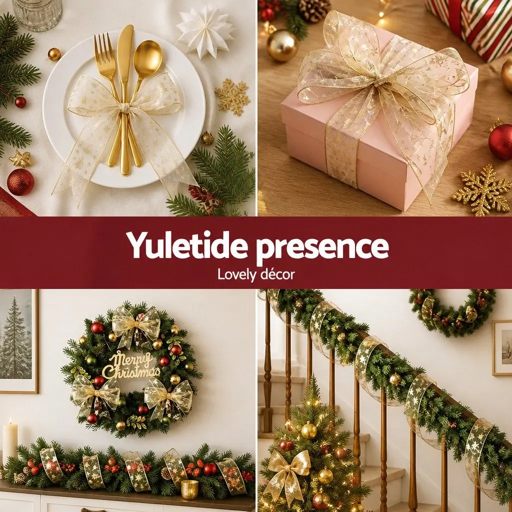 Christmas Tree Ribbon Nylon 20M Gold Xmas Tree Pattern Decorative Roll