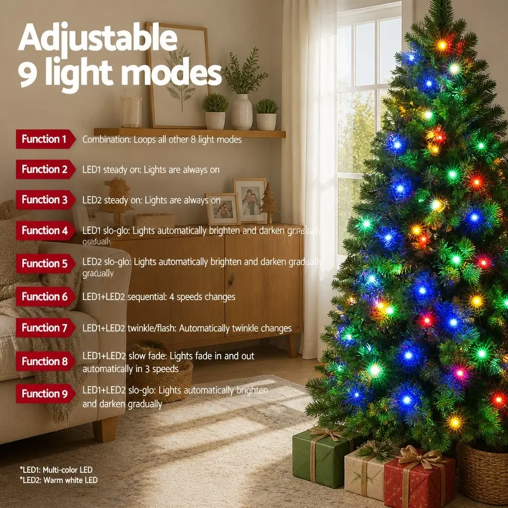 Christmas Tree PVC 1.8M Green Pre-Lit 200 LED Multi Colour 8 Mode 544 Tips