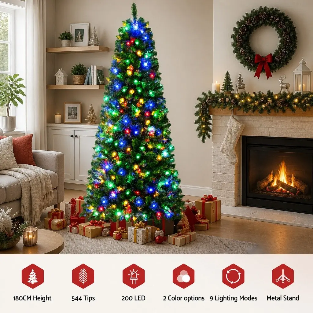 Christmas Tree PVC 1.8M Green Pre-Lit 200 LED Multi Colour 8 Mode 544 Tips