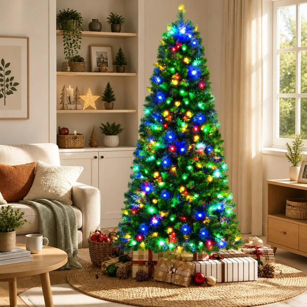 Christmas Tree PVC 1.8M Green Pre-Lit 200 LED Multi Colour 8 Mode 544 Tips