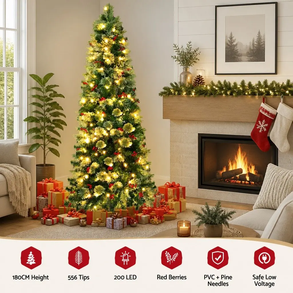 Christmas Tree LED 180cm Pine Tree with Red Berries 6FT