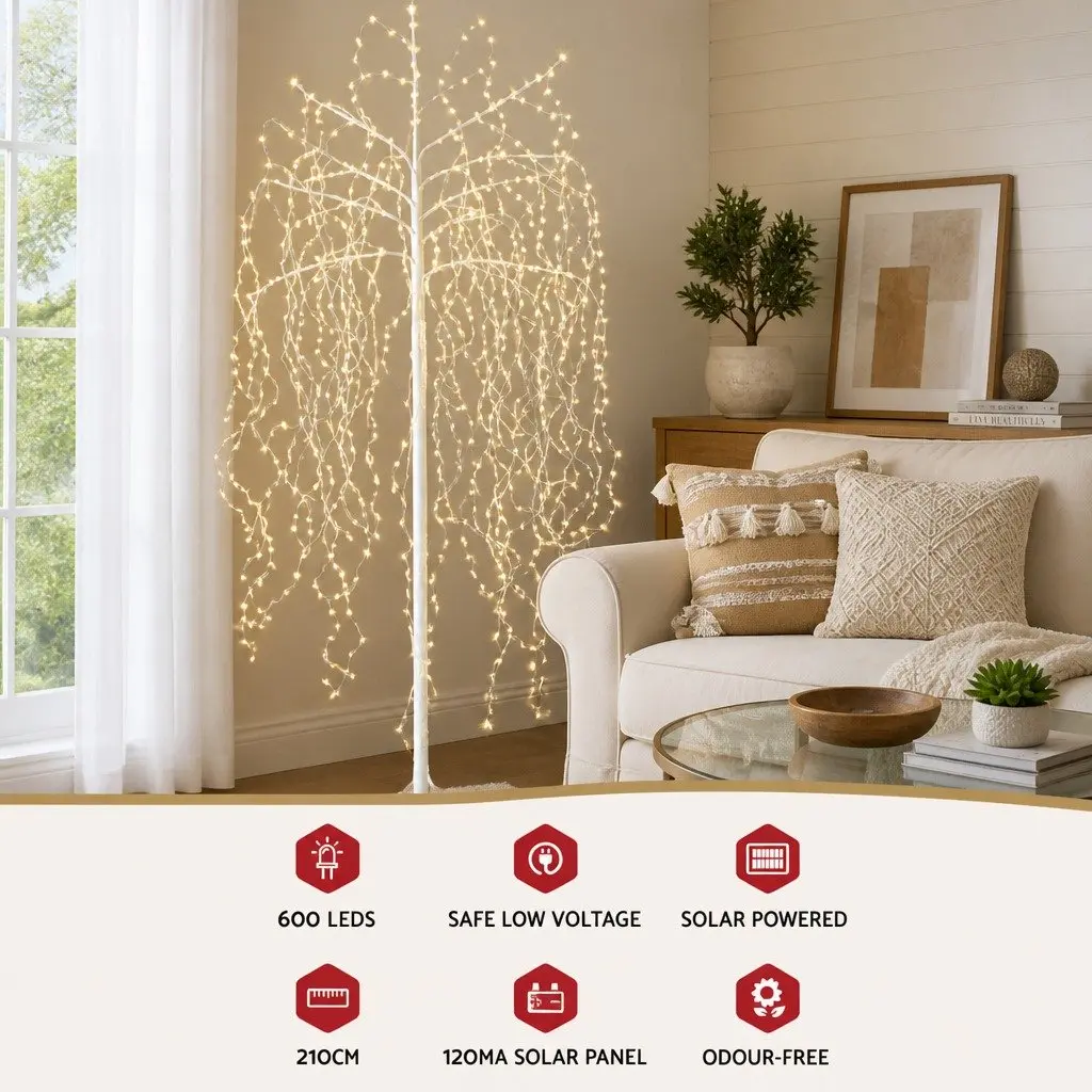 LED Christmas Tree Solar-Powered 7ft Warm White Lights Powder-Coated Steel Indoor Outdoor Decoration
