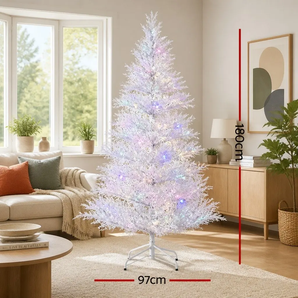 LED Christmas Tree Snowy Pre-Lit 1.8M Green with 200 Multi Colour Lights and 8 Light Modes