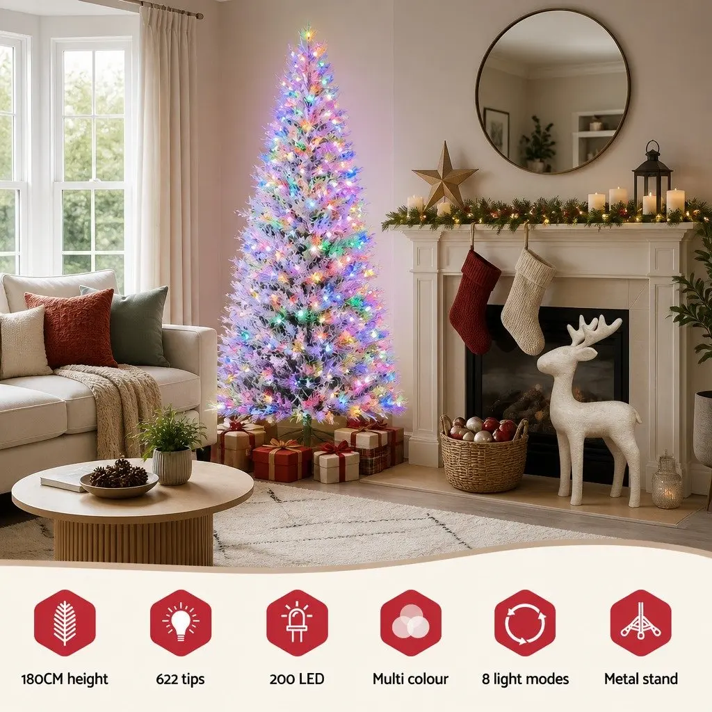 LED Christmas Tree Snowy Pre-Lit 1.8M Green with 200 Multi Colour Lights and 8 Light Modes