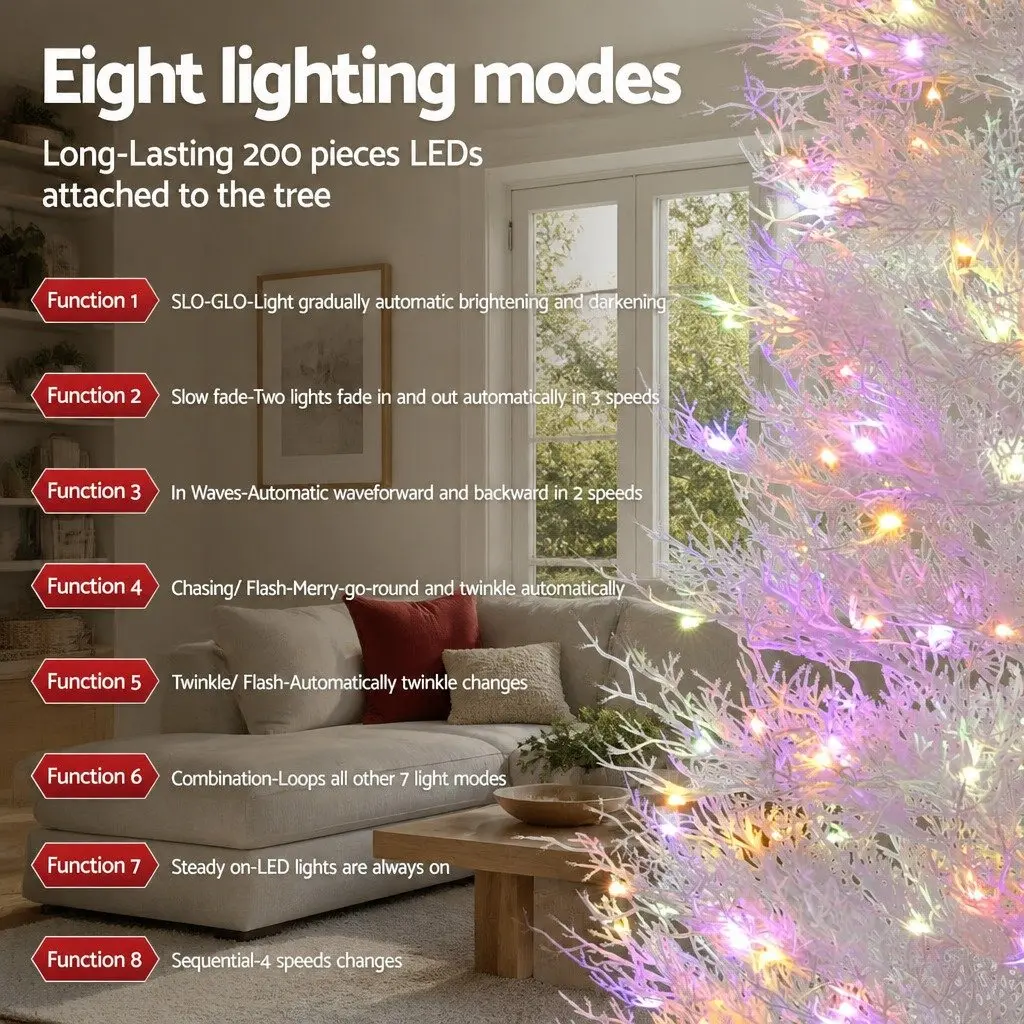 LED Christmas Tree Snowy Pre-Lit 1.8M Green with 200 Multi Colour Lights and 8 Light Modes