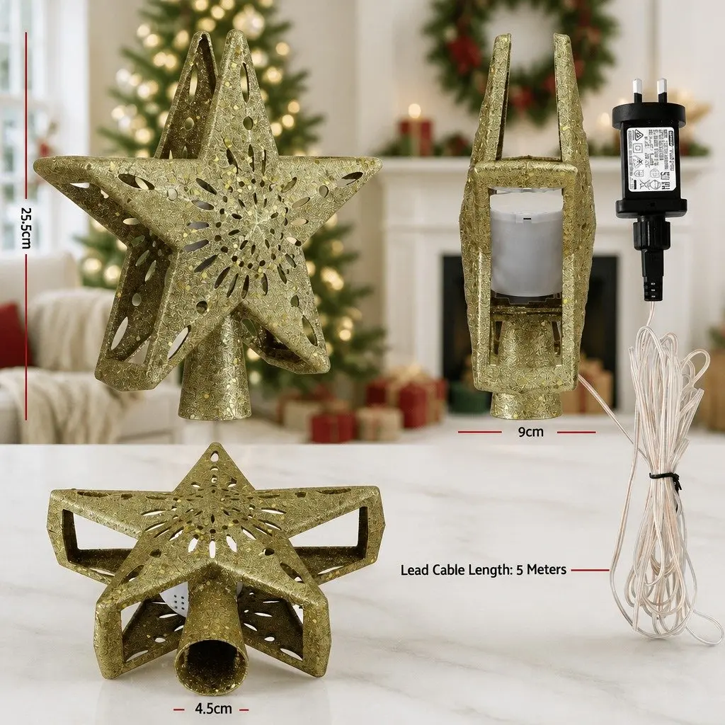 Christmas Tree Topper Star Laser Projector Glitter Gold Plastic 26cm x 9cm x 25.5cm Indoor