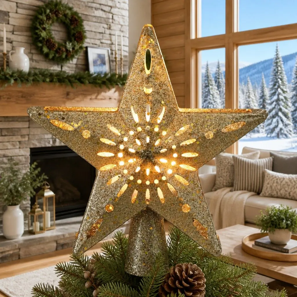 Christmas Tree Topper Star Laser Projector Glitter Gold Plastic 26cm x 9cm x 25.5cm Indoor
