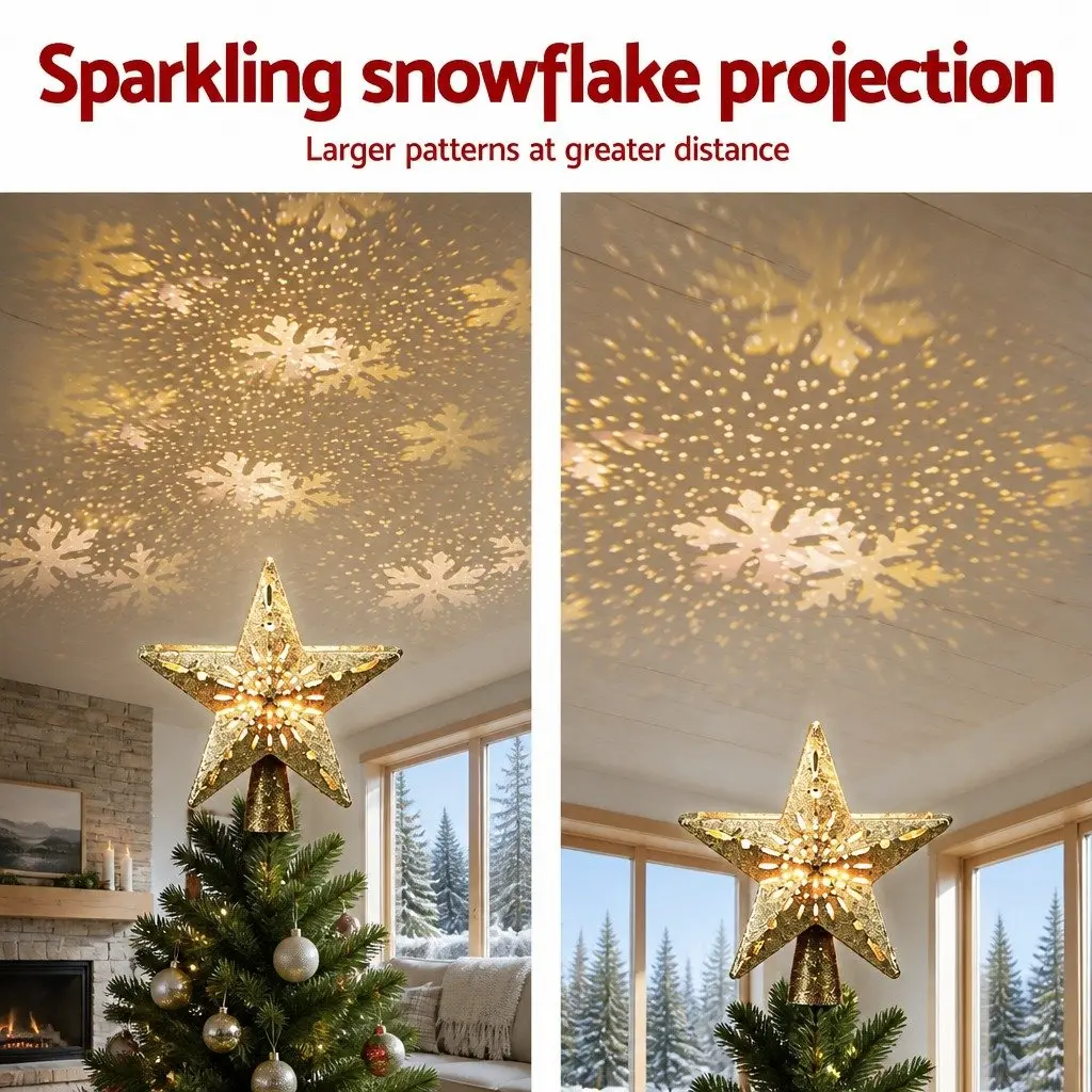 Christmas Tree Topper Star Laser Projector Glitter Gold Plastic 26cm x 9cm x 25.5cm Indoor