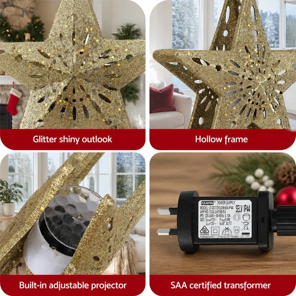 Christmas Tree Topper Star Laser Projector Glitter Gold Plastic 26cm x 9cm x 25.5cm Indoor