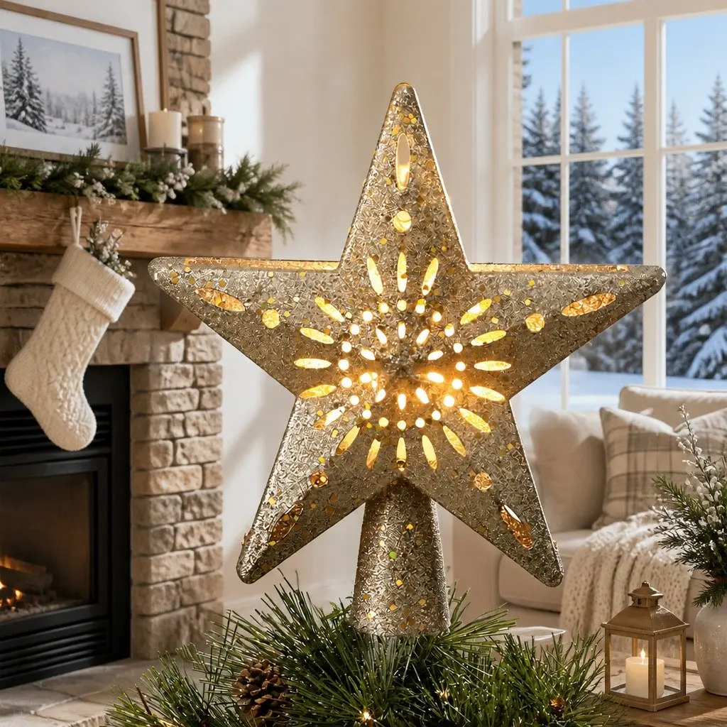 Christmas Tree Topper Star Laser Projector Glitter Gold Plastic 26cm x 9cm x 25.5cm Indoor