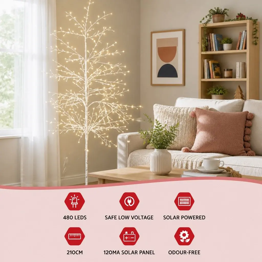 LED Christmas Tree Solar Powered 7FT Warm White Lights Outdoor Indoor Decoration