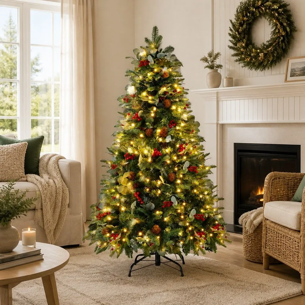 Christmas Tree LED 150cm Green Artificial with 355 Tips and Metal Stand for Home Office Party Decoration