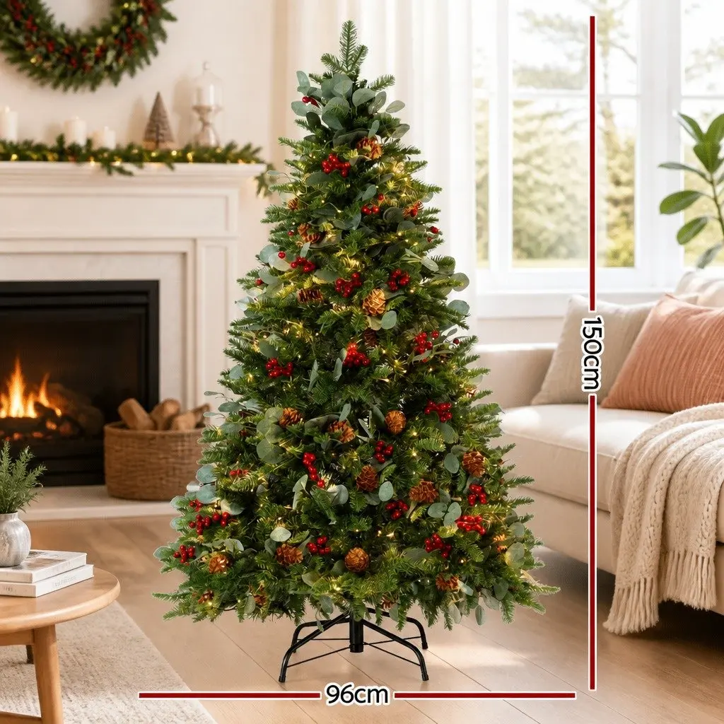 Christmas Tree LED 150cm Green Artificial with 355 Tips and Metal Stand for Home Office Party Decoration