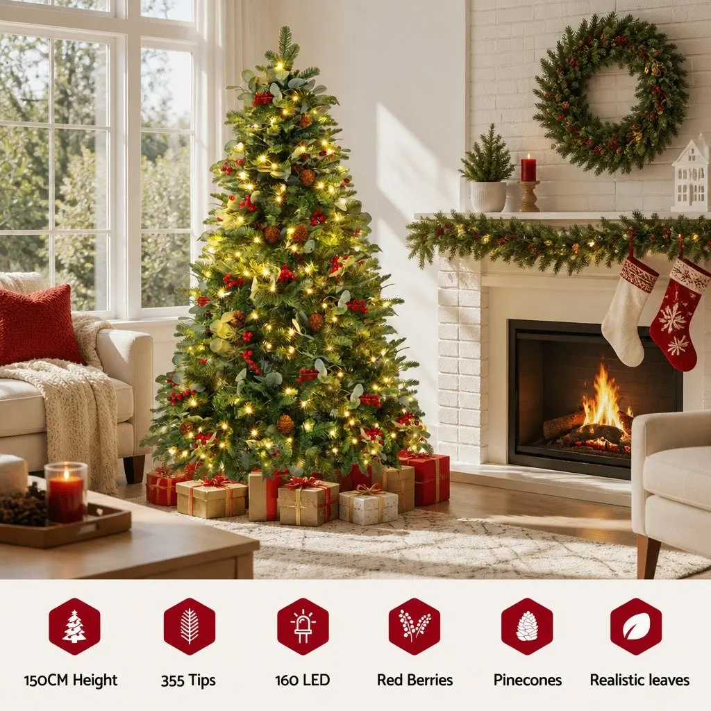 Christmas Tree LED 150cm Green Artificial with 355 Tips and Metal Stand for Home Office Party Decoration