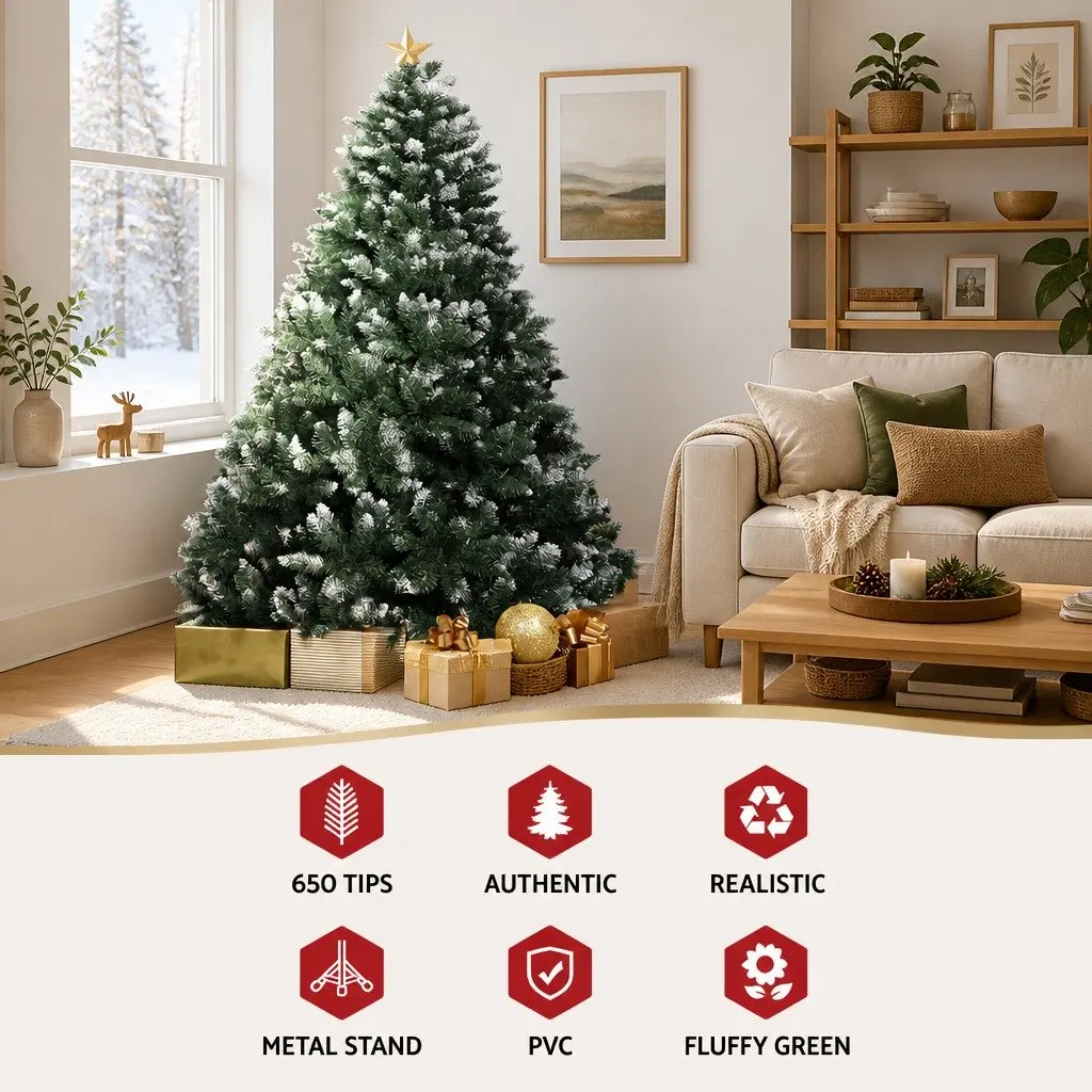 Christmas Tree 1.8m Snowy Xmas Decoration 650 PVC Tips Faux Fir Holiday