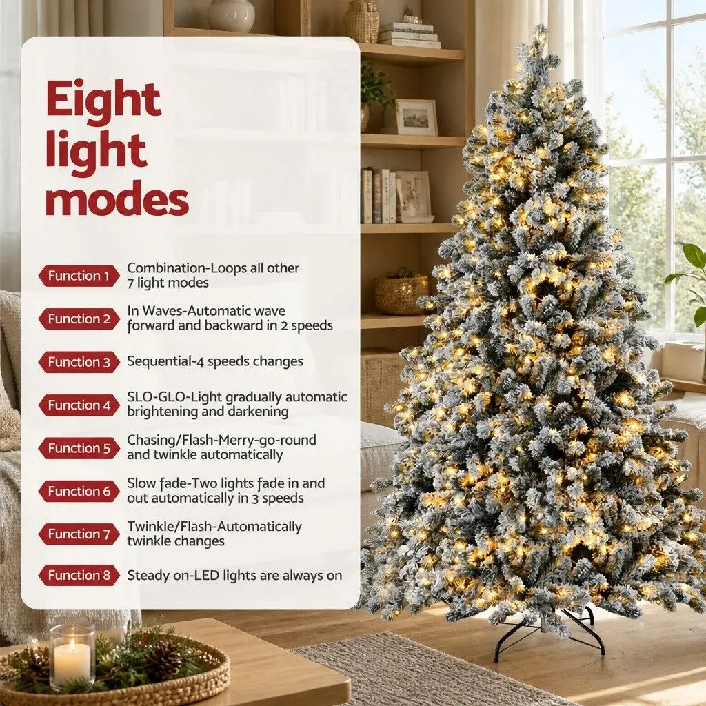Christmas Tree Snow Flocked Pre-Lit 1.8m Green LED with 8 Light Modes