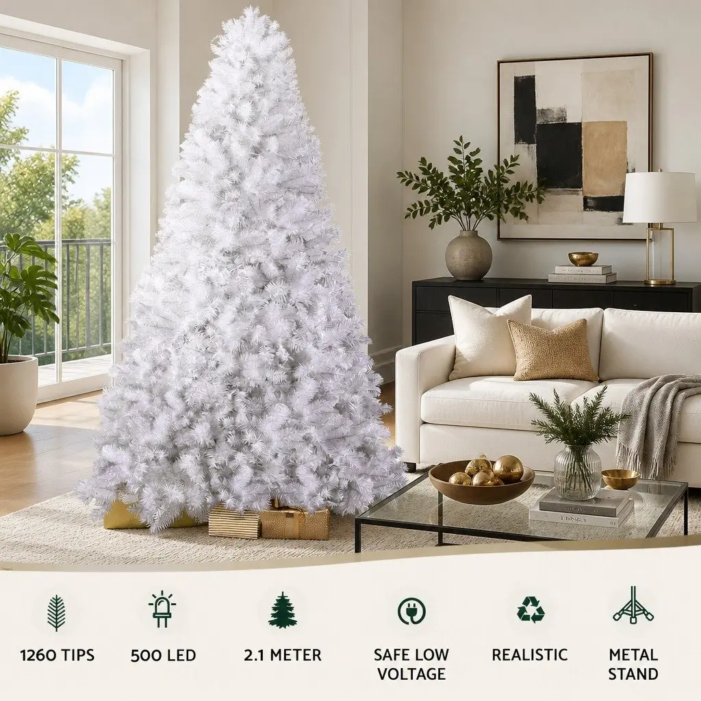 White Christmas Tree PVC 2.1m 500 LED Lights