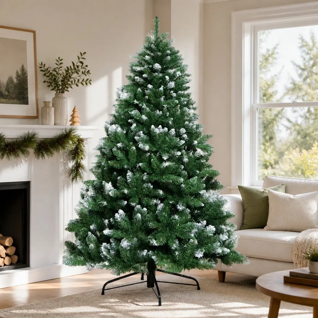 Artificial Christmas Tree Snowy Green 2.4m PVC Tips Metal Stand