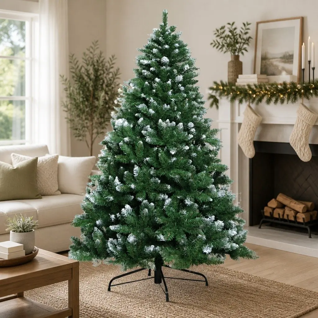Artificial Christmas Tree Snowy Green 2.4m PVC Tips Metal Stand