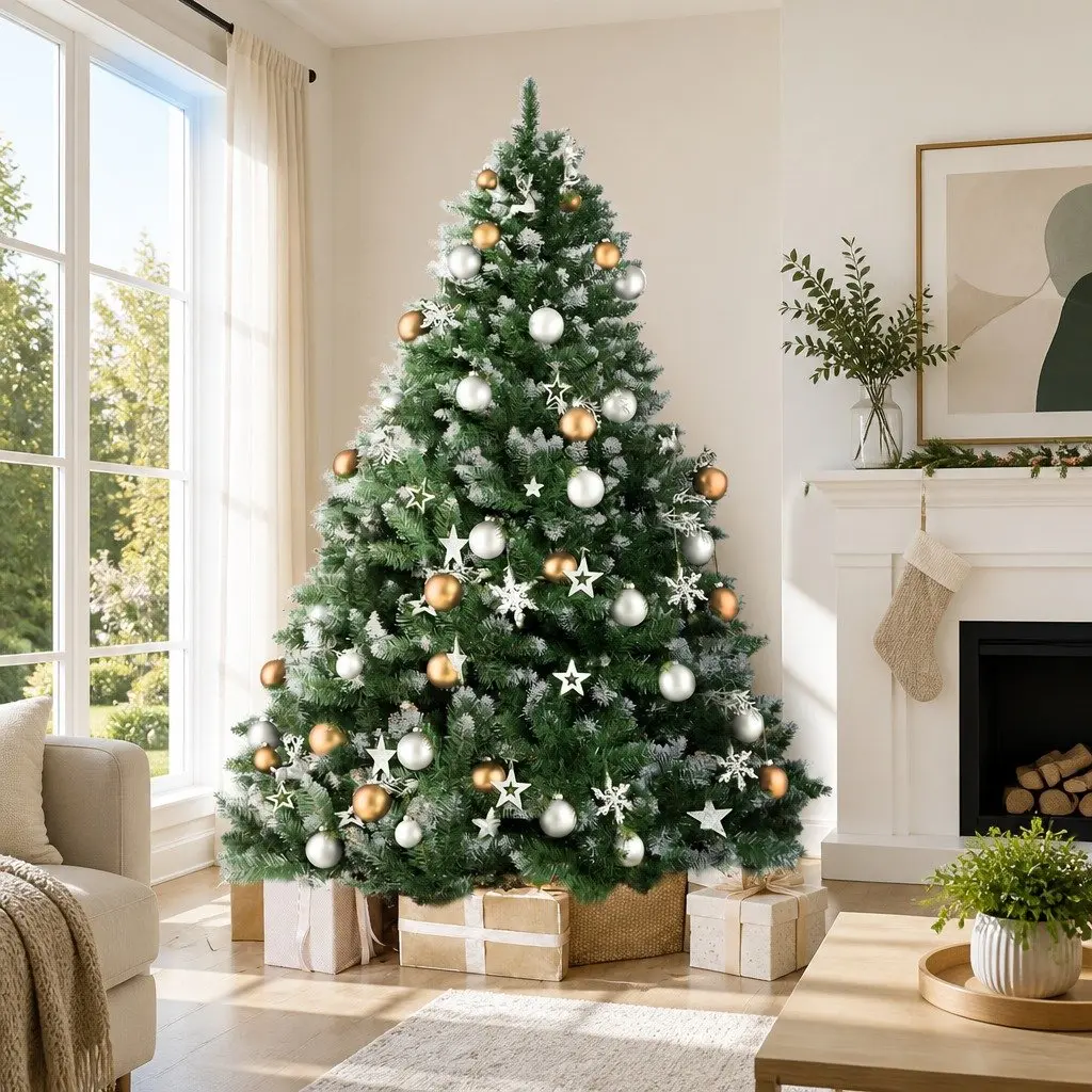 Artificial Christmas Tree Snowy Green 2.4m PVC Tips Metal Stand