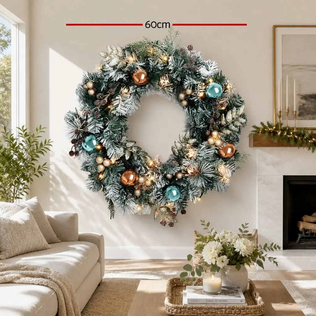 Christmas Wreath Pre-lit 60cm PVC Foliage Snowy Indoor Outdoor