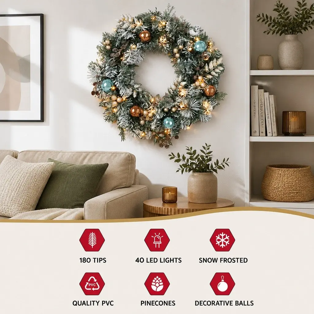 Christmas Wreath Pre-lit 60cm PVC Foliage Snowy Indoor Outdoor