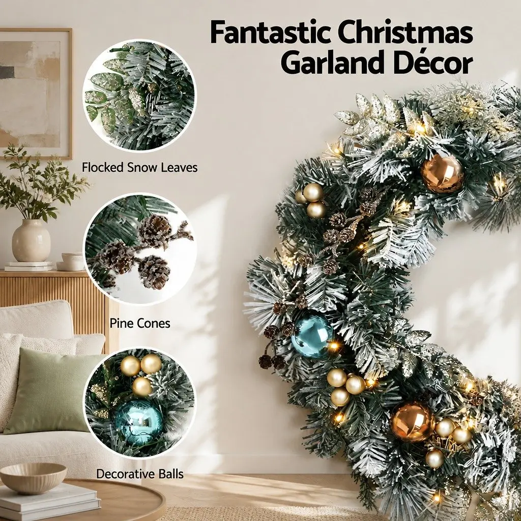 Christmas Wreath Pre-lit 60cm PVC Foliage Snowy Indoor Outdoor