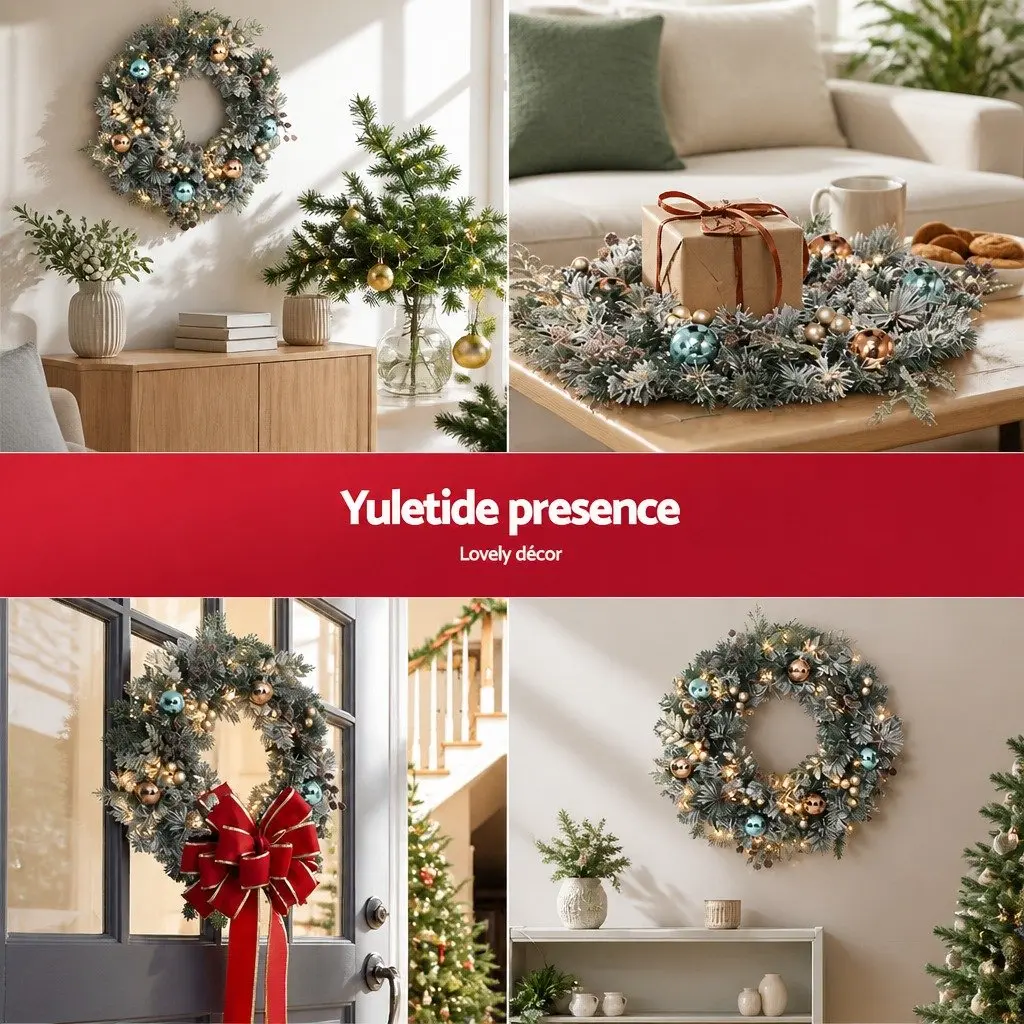 Christmas Wreath Pre-lit 60cm PVC Foliage Snowy Indoor Outdoor