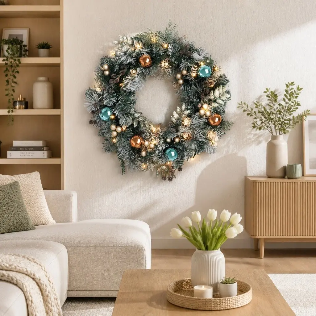 Christmas Wreath Pre-lit 60cm PVC Foliage Snowy Indoor Outdoor