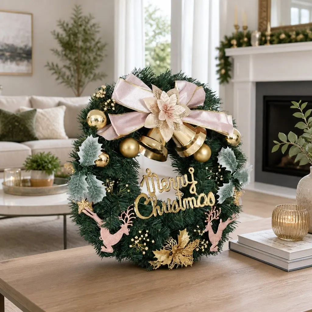 Christmas Wreath Green 60CM with Baubles Reindeer and Gold Bow
