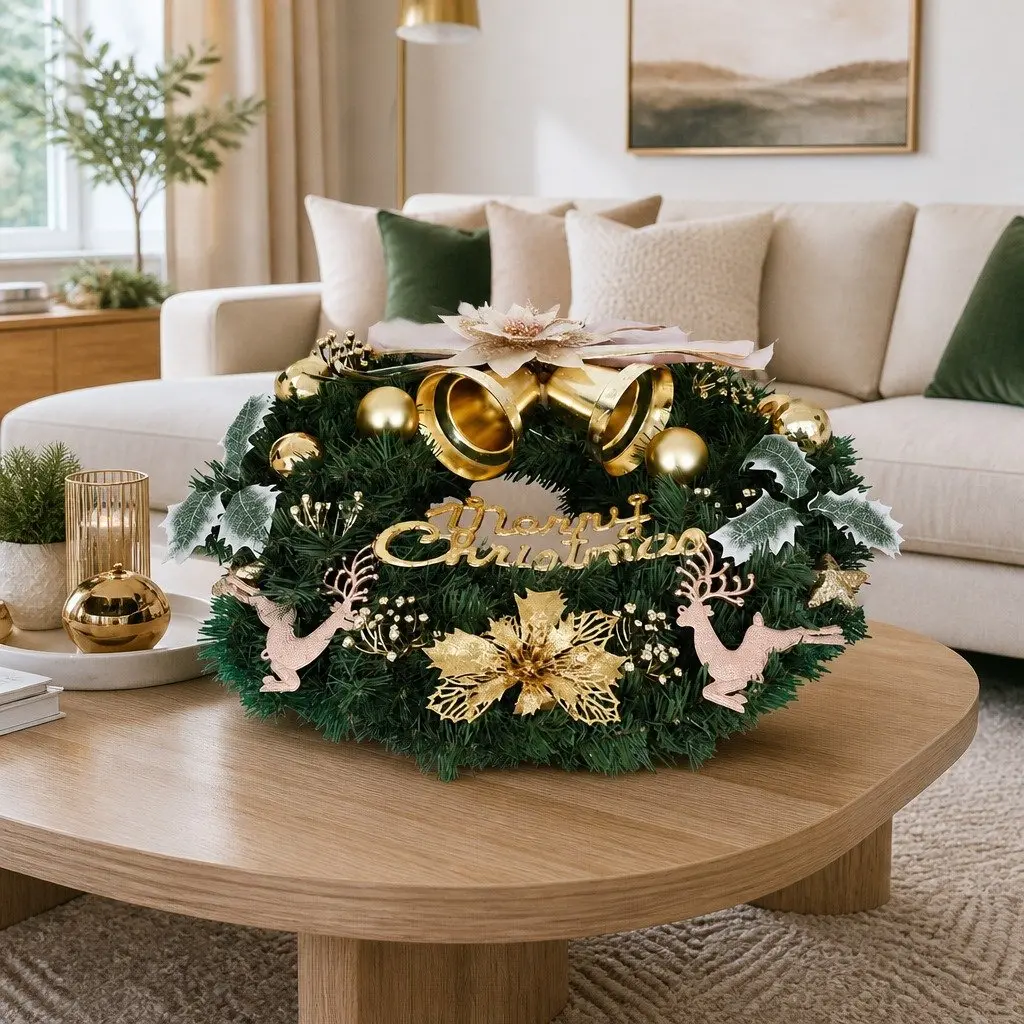 Christmas Wreath Green 60CM with Baubles Reindeer and Gold Bow