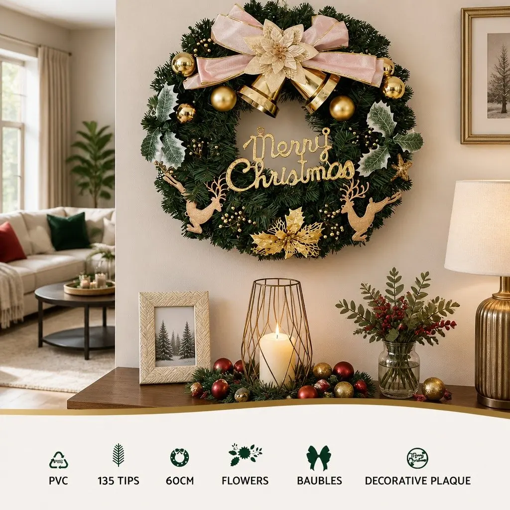 Christmas Wreath Green 60CM with Baubles Reindeer and Gold Bow