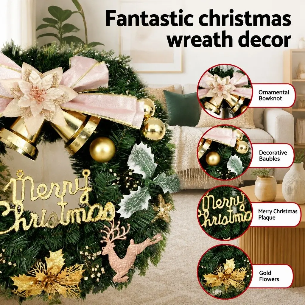 Christmas Wreath Green 60CM with Baubles Reindeer and Gold Bow